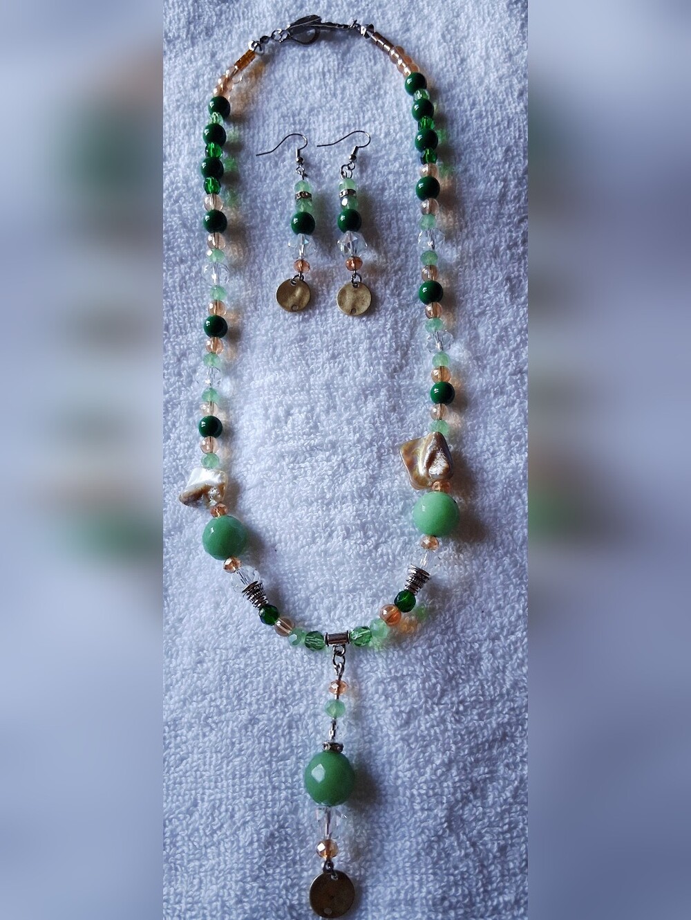 Green and Amber Beaded Necklace and Earring Set